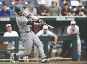  ?? The Associated Press ?? BANANAS: Mississipp­i State designated hitter Jordan Westburg hits a grand slam against North Carolina in the second inning of the Bulldogs’ 12-2 win Tuesday in Omaha, Neb.