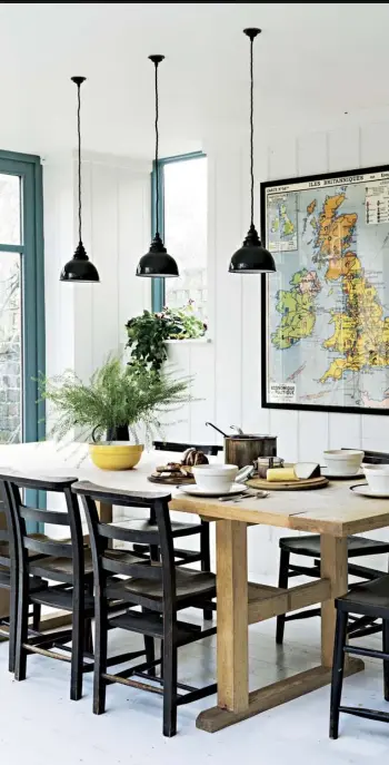  ??  ?? Previous page Nicola Harding in the living/kitchen area, which she opened up with a glass ceiling and wall. Right The ash dining table was designed by Harding and made by Joshua Tait. The chapel chairs are from Drew Pritchard Antiques Opposite top...