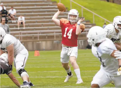  ?? DOUGLAS KILPATRICK / SPECIAL TO THE MORNING CALL ?? Lehigh quarterbac­k Matt Rauscher lets go of a pass during the final spring practice Saturday at Goodman Stadium. The Mountain Hawks ended their practice period with the Brown and White Game, which hadn’t been played since 2019.