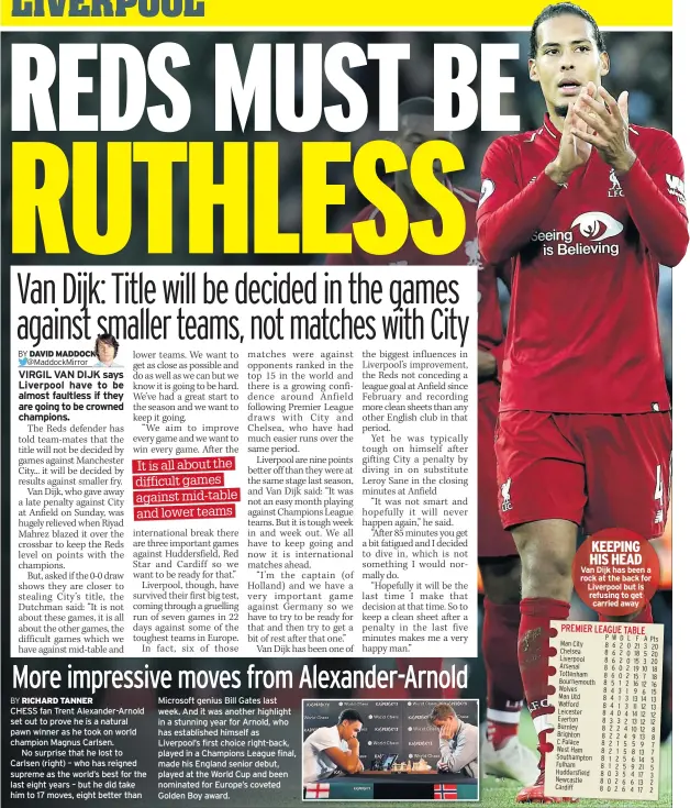  ??  ?? KEEPING HIS HEAD Van Dijk has been a rock at the back for Liverpool but is refusing to get carried away