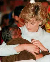  ??  ?? OPPOSITE: Diana with William and Harry in 1989. ABOVE, FROM LEFT: Diana in tears with a patient at a children’s cancer hospital in Pakistan in 1996; William gives his son, George, a hug while on the royal tour of Canada in 2016; Harry cuddles a child...
