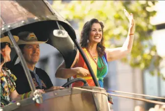  ?? Scott Strazzante / The Chronicle ?? Mayor Libby Schaaf rides on a float at Oakland’s Pride parade in September. Turmoil in the city during Schaaf ’s first term in office is unlikely to derail her bid to be elected again.