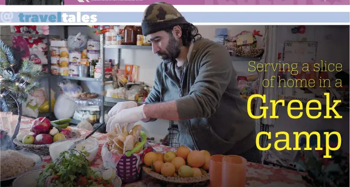  ?? — AFP ?? Chef Talal Rankoussi puts final touch to the prepared meal in the “cafe Rits” in Ritsona refugee camp, some 80 km north of Athens on December 21, 2016. Before braving a ‘trip of death’ to escape Syria, Talal Rankoussi was a chef in a Damascus...