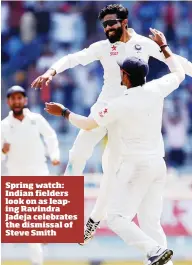  ??  ?? Spring watch: Indian fielders look on as leaping Ravindra Jadeja celebrates the dismissal of Steve Smith