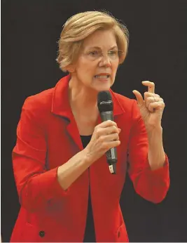  ?? STAFF PHOTO, ABOVE, BY CHRIS CHRISTO; HERALD PHOTO, RIGHT, BY JEFF PORTER ?? ON THE TRAIL: U.S. Sen. Elizabeth Warren, above, stumps at a town hall in Roxbury yesterday while GOP rival Geoff Diehl, center right, speaks with Jackie and Dan McNeil at Weymouth High School.