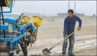  ?? NIAN LEI / XINHUA ?? A cotton farmer lays mulching film in a field in Bohu county, Xinjiang Uygur autonomous region, in April.