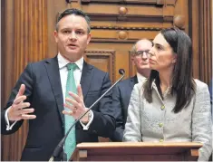  ?? PHOTO: THE NEW ZEALAND HERALD ?? Taking the lead . . . Climate Change Minister James Shaw and Prime Minister Jacinda Ardern speak during a press conference at Parliament after last year’s passing of the Zero Carbon Act.