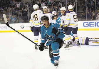  ?? Ezra Shaw / Getty Images ?? Timo Meier exults after putting the Sharks ahead to stay with his first goal of the season.