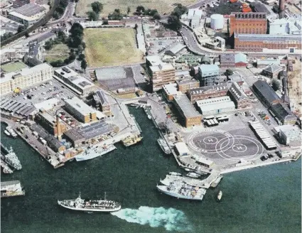  ??  ?? HMS Vernon in 1977. The helicopter landing pads were installed that year.