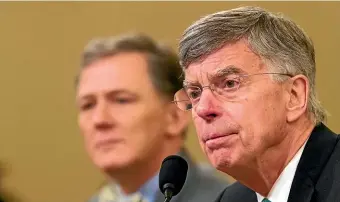  ?? AP ?? Career Foreign Service officer George Kent, left, and top US diplomat in Ukraine William Taylor testify during an impeachmen­t hearing of the House Intelligen­ce Committee.