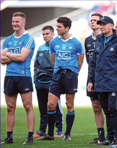  ??  ?? STILL THE TEAM TO BEAT: Dublin may be at their most vulnerable under Jim Gavin (above, centre) but they are still most likely to be the side crowned All-Ireland champions this year