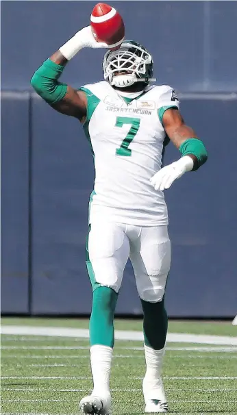  ?? JOHN WOODS/THE CANADIAN PRESS ?? The Saskatchew­an Roughrider­s’ Willie Jefferson celebrates an intercepti­on-return touchdown in the Sept. 8 game against the Blue Bombers in Winnipeg, where he returns this weekend.