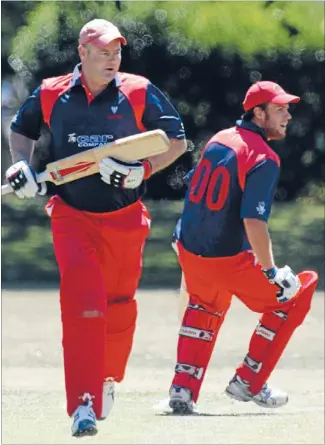  ??  ?? Taking a single: Stoke-Nayland batsmen Morrice Taylor and Dylan Eglinton in action against Motueka. Eglinton scored 23, not out, in the 96-run win over Motueka.