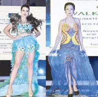 ??  ?? Binibining Pilipinas Interconti­nental 2017 Katarina Rodriguez in a gown made from recycled plastic straws; and Avon Morales in a gown made from recycled mosquito nets and candy wrappers.