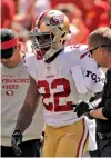  ?? AP PHoto ?? SORE SPOT: 49ers running back Matt Breida gets helped off the field during Sunday’s game.