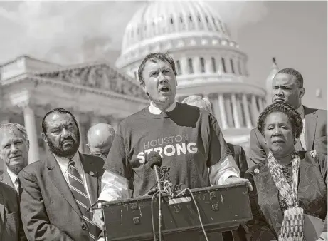  ?? Allison Shelley / New York Times ?? U.S. Rep. Pete Olson, R-Sugar Land, discusses an aid bill for victims of Hurricane Harvey during a news conference with House members from Texas on Thursday. The House passed a $7.9 billion measure Wednesday, and the Senate added $7.4 billion.