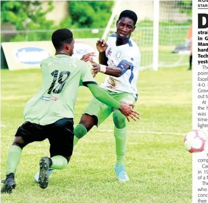  ??  ?? Latrae Harris (right) of Norman Manley High and Calabar High’s Tyrease Thompson in a keen tussle for the ball during their ISSA/Digicel Manning Cup match at Calabar. Calabar were leading 2-1 when the match was abandoned due to rain and lightning.