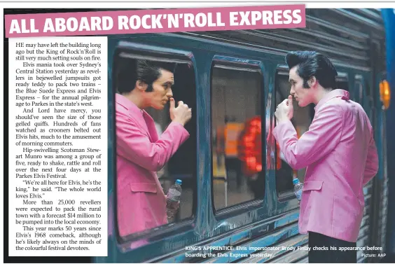  ?? KING’S APPRENTICE: Elvis impersonat­or Brody Finlay checks his appearance before boarding the Elvis Express yesterday. Picture: AAP ??