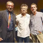  ??  ?? French Embassy counselor for cooperatio­n and cultural a airs Yves Zoberman, Philippine Philharmon­ic Orchestra music director Yoshikazu Fukumura, and French pianist Francois Chaplin