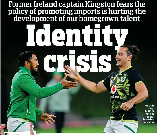  ??  ?? Outside help: Bundee Aki and James LoweThisla­stisa caption,weekendthi­s is a caption, this is a