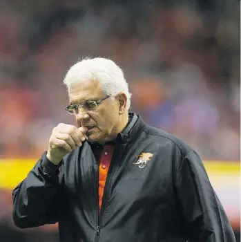  ?? GERRY KAHRMANN ?? B.C. Lions head coach Wally Buono is dealing with back pain that makes it tough for him to stand on the field for long stretches of time, but he’s not letting it hold him back from the job at hand.