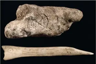  ??  ?? Right: Ox phalange (above) decorated with double-disc, crescent and v- rod, and bone pin decorated with double-disc and zrod from Pool, Sanday, Orkney