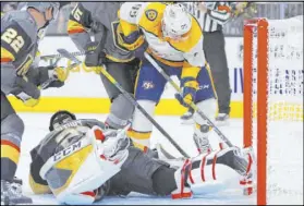  ?? John Locher The Associated Press ?? Predators center Matt Duchene attempts a shot against Golden Knights goaltender Marc-Andre Fleury on Tuesday at T-Mobile Arena.