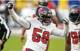  ?? Matt Ludtke / Associated Press ?? Shaq Barrett, who led the pass rush that made life difficult for Patrick Mahomes in the Super Bowl, agreed to a four-year deal to stay with the Buccaneers.