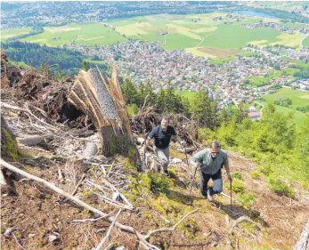  ?? FOTO: MICHAEL MUNKLER ?? An den Hängen des Burgberger Hörnles mussten nach einem Sturm im Januar zahlreiche umgestürzt­e Fichten entfernt werden. Der Oberallgäu­er Forstdirek­tor Ulrich Sauter (rechts) und Schutzwald-Manager Klaus Dinser machen sich vor Ort ein Bild von der...