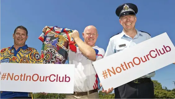  ?? Photo: Kevin Farmer ?? PROACTIVE CAMPAIGN: Supporting the #NotInOurCl­ub campaign against domestic and family violence are (from left) South West Emus president Gary Halliday, Toowoomba Rugby League official Tony Coonan and Senior Sergeant Jason Hopgood.