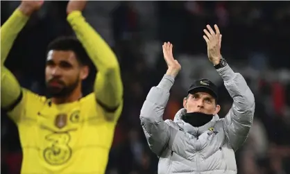  ?? ?? Thomas Tuchel celebrates after Chelsea’s win at Lille on Wednesday. Photograph: Franck Fife/AFP/Getty Images