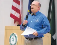  ??  ?? Nick Rosasco, Valparaiso University director of the Center for Informatio­n Assurance and Cyber Security Education, speaks to high school students during the Rotary World Affairs Conference on Thursday at Ivy Tech Community College in Valparaiso.