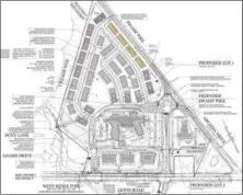  ?? DIGITAL FIRST MEDIA FILE PHOTO ?? This sketch plan shows an earlier layout for the proposed Limerick Town Center/Arcadia project, with the senior housing units at the center and right, the three commercial buildings along Ridge Pike and the 160 townhomes to the north, along Swamp Pike.