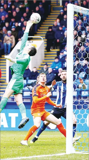  ??  ?? FULL STRETCH: Luton goalkeeper James Shea makes a fingertip save