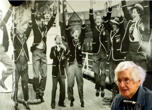  ??  ?? Ngaire Galloway in 2012, in front of a photo of the 1948 NZ Olympic team performing a haka on their arrival in England after six weeks at sea. Ngaire Lane, as she then was, is on the far right. Below, competing in the NZ Swimming Associatio­n Championsh­ips in January 1944. She won the national 100-yard and 220-yard backstroke titles that year, and held them until she retired in 1949.