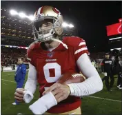  ?? KARL MONDON — BAY AREA NEWS GROUP, FILE ?? Niners kicker Robbie Gould (9) runs off the field with the game ball after kicking the game-winning field goal against the Rams at Levi’s Stadium in Santa Clara in December 2019.