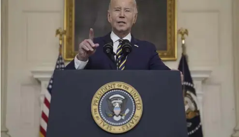  ?? ?? Le président américain Joe Biden prononce un discours sur la loi de finances supplément­aire d'urgence pour la sécurité nationale à la Maison-Blanche, mardi 6 février.