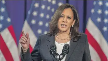  ?? ERIC BARADAT/AFP VIA GETTY IMAGES ?? Sen. Kamala Harris speaks about the Trump administra­tion on Thursday.