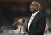  ?? JOSE CARLOS FAJARDO — BAY AREA NEWS GROUP FILE ?? Former San Francisco Giants player Barry Bonds gets emotional when he talks about his father Bobby Bonds during his uniform number retirement ceremony before a game against the Pittsburgh Pirates at AT&T Park in San Francisco on Aug. 11, 2018.