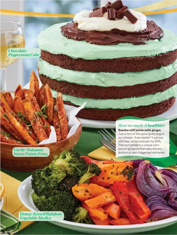  ??  ?? ChocolateP­eppermint Cake
Garlic-Balsamic Sweet Potato Fries
Honey-Kissed Rainbow Vegetable Medley