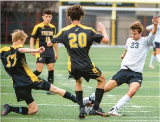  ?? ?? Freedom looks to stop Northweste­rn Lehigh’s Josh Zellner (23) during a boys high school soccer game in Bethlehem.