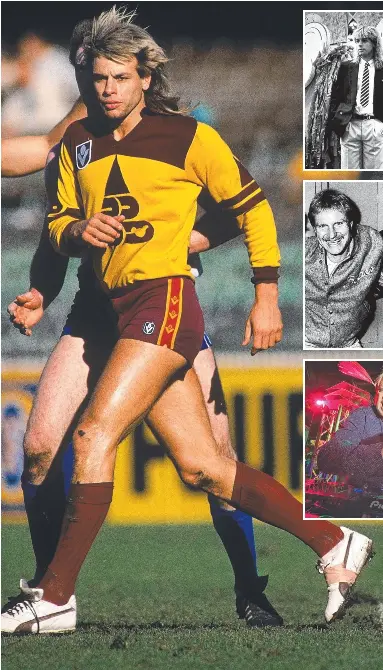  ??  ?? Warwick Capper in his first season with the Brisbane Bears and (inset from top) unveiled as the marquee signing in the lead-up to the 1988 season; with Bears coach Peter Knights after a win against Carlton in 1989; and “working the turntables” in Melbourne in 2017.