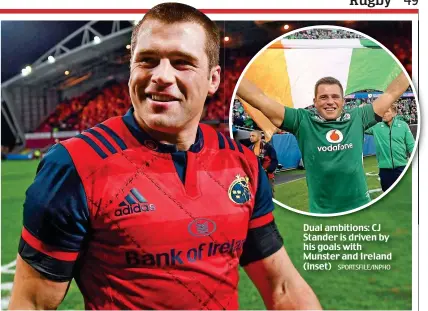  ?? SPORTSFILE/INPHO ?? Dual ambitions: CJ Stander is driven by his goals with Munster and Ireland (inset)