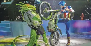  ??  ?? Bikers perform stunts on stage such as wheelies and flips in ‘Marvel Universe Live!'