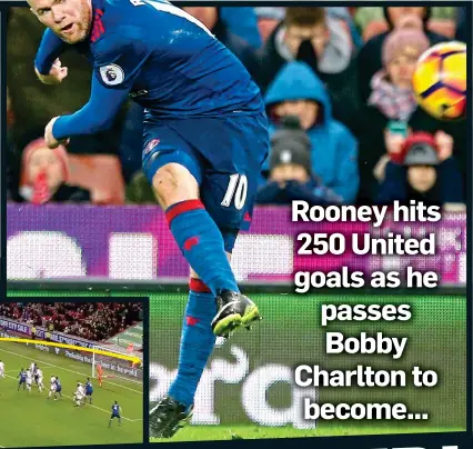  ??  ?? EYE FOR GOAL: Rooney curls freekick into top corner, as our graphic shows (inset)