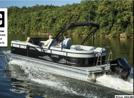  ??  ?? SPECS: LOA: 25'7" BEAM: 8'6" DRAFT: NA DRY WEIGHT: 2,715 lb. SEAT/WEIGHT CAPACITY: 13/1,813 lb. FUEL CAPACITY: 50 gal.
HOW WE TESTED: ENGINE: Mercury 300 hp FourStroke V-8 DRIVE/PROP: Enertia 16" pitch 3-blade stainless steel GEAR RATIO: 1.75:1 FUEL LOAD: 20 gal. CREW WEIGHT: 200 lb. Price: $53,287