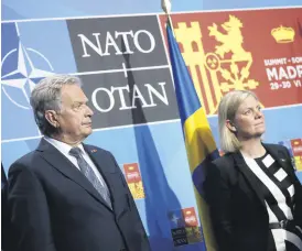  ?? ?? Finland’s President Sauli Niinisto looks on next to Sweden’s Prime Minister Magdalena Andersson during a news conference at the NATO summit in Madrid, Spain, June 29, 2022.