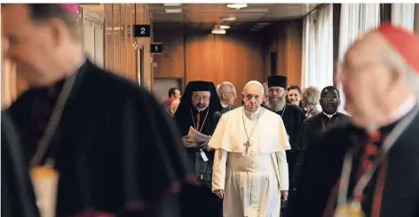  ?? FOTO: REUTERS ?? Papst Franziskus mit Kardinälen beim Antimissbr­auchsgipfe­l im Vatikan am Freitag.