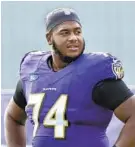  ?? AMY DAVIS/BALTIMORE SUN ?? Ravens guard Tyre Phillips looks on during practice on Aug. 17.