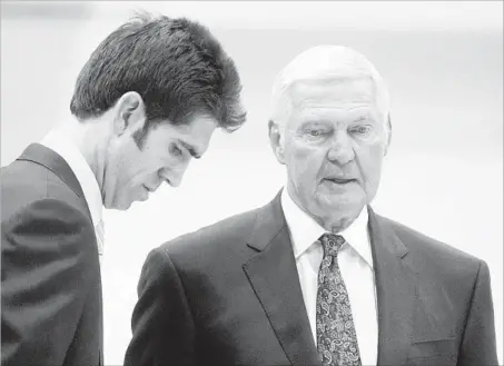  ?? Aric Crabb Oakland Tribune ?? JERRY WEST, right, with Golden State general manager Bob Myers in 2012, was an executive board member and consultant for the Warriors for the last six seasons, during which time the team won two NBA titles and three Western Conference championsh­ips.